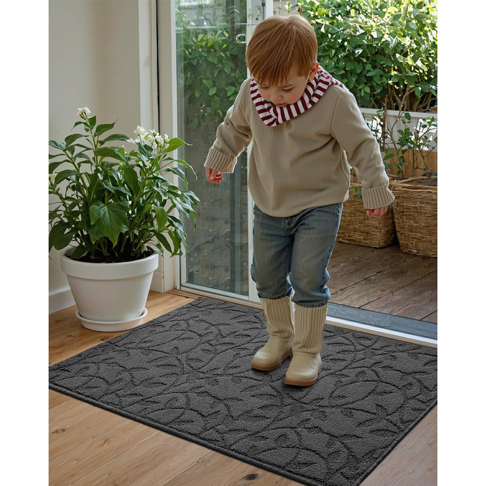 Килимок для дверей DEXI для приміщень, 81 x 121 см, нековзний килимок, що вловлює бруд, низький профіль, тонкий вхідний килимок, абсорбуючий, легко чиститься, килимок для вхідної зони, патіо, гілка 2&398&39 x 4&39 (прямокутний), колір листя сірий