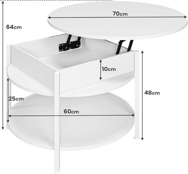 Круглий журнальний столик з підйомною стільницею, журнальний столик з регульованою висотою, бічний столик, стіл для вітальні з прихованим місцем для зберігання, відкритий відсік, металевий каркас, для вітальні, офісу, 70 x 70 x 50 см, білий.