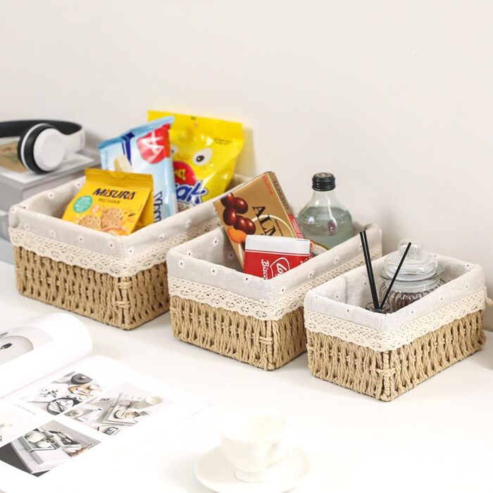 Набір кошиків для зберігання з 3 шт. з кришками Плетені кошики з паперової мотузки з бавовняною підкладкою, коробка в стилі бохо для іграшок, ванна кімната, вітальня Натуральний колір та штабелюються (бежевий)
