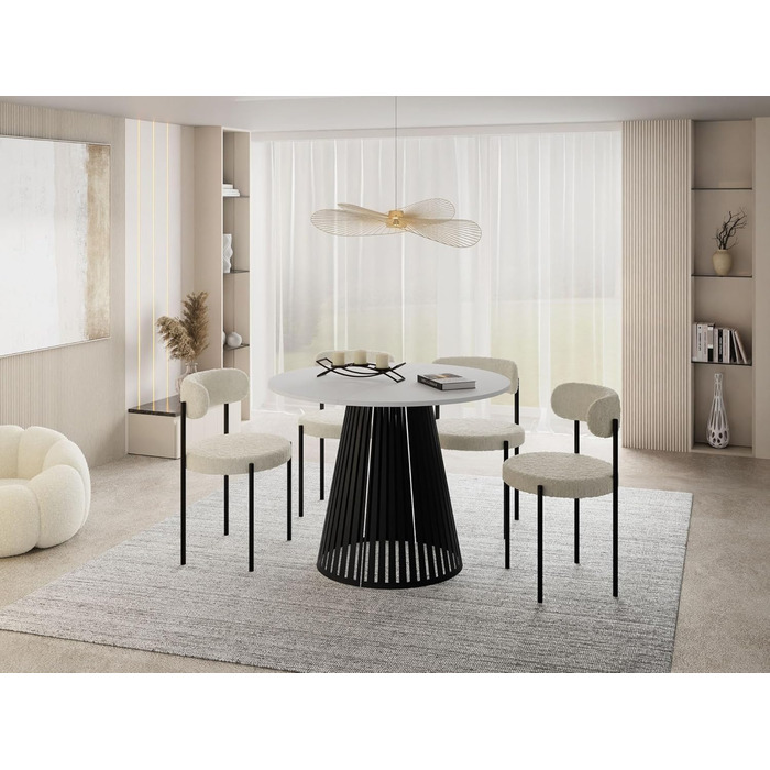 Круглий розкладний обідній стіл з ламелями в стилі лофт 120-200 см Промисловий стіл з чорними металевими ніжками, компактний для вітальні або їдальні білий 120/200 см