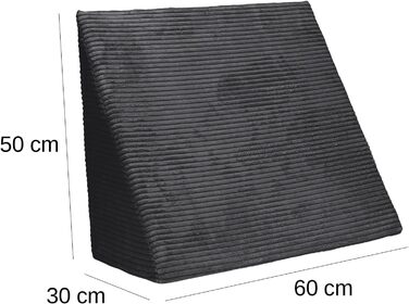 Широкополосна вельветова клиноподібна подушка Selfitex 60x50x30 см, Виготовлено в Німеччині, зручна подушка для читання, подушка для спини, ергономічна форма, подушка для ніг зі стійкої піни, знімний чохол, легке чищення (антрацит) Широкополосна вельветов