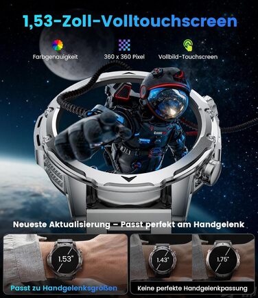 Розумний годинник FITFLEX для чоловіків з акумулятором 1000 мАг, 1,53-дюймовий HD AMOLED військовий розумний годинник, світлодіодний ліхтарик, функція телефону, фітнес-годинник з понад 120 спортивними режимами, монітором серцевого ритму, монітором сну, Sp