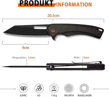 Складаний ніж NedFoss MAMBA, одноручний ніж зі сталі 9CM D2 з рукояткою Micarta, кишеньковий ніж з замком лайнера та шарикопідшипн