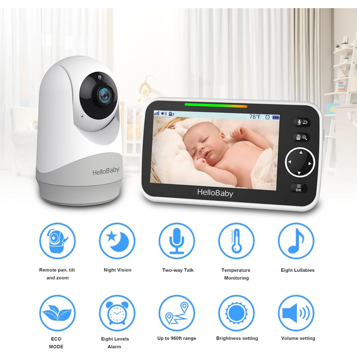 Монітор HelloBaby з камерою та аудіо, екран 12,7 см (5 дюймів) з акумулятором 3500 мАг, камера з панорамуванням і нахилом, масштаб