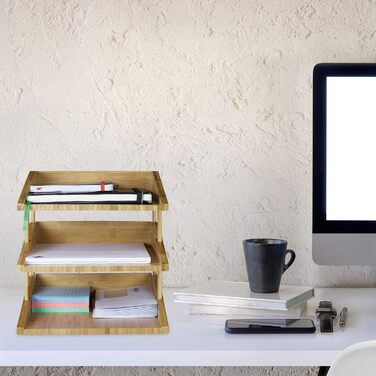 Бамбуковий лоток для документів Relaxdays, 3 відділення, штабелюється, лоток DIN A4 для офісу та столу, лоток для листів, натуральний одинарний