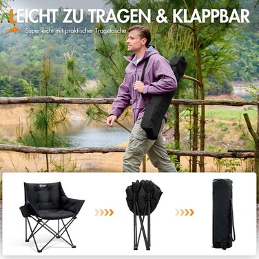 Крісло для кемпінгу Portal, складне, суперм&39яке, вантажопідйомність 150 кг, складне рибальське крісло XXL, товсто оббите з підлокітниками, м&39яке вуличне крісло, чорне