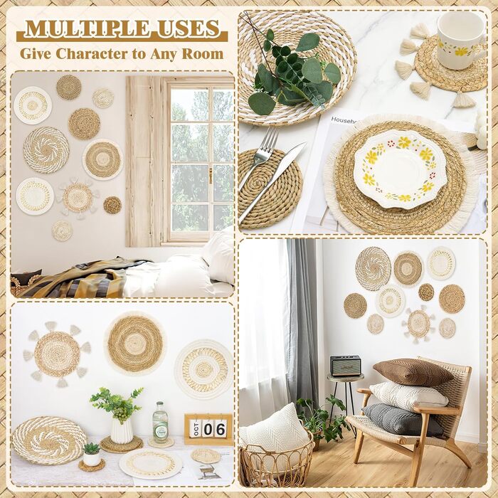 Набір з 10 плетених настінних кошиків Weldomcor Boho з ротанга, сільський ручної роботи, настінне мистецтво з макраме, декор для стін, спальня, дитяча, вітальня, фермерський будинок