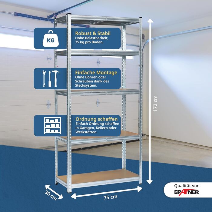 Міцний стелаж Grafner з 5 полицями з МДФ, максимальне навантаження 375 кг, закруглені кути, 75x30x172 см, стелаж без ригелів, полиця для зберігання, полиця для підвалу