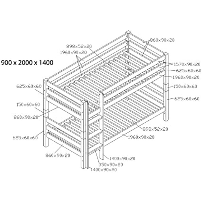 Двоярусне ліжко fornera f25 з масиву дерева для 2 дітей з серцевини бука 90x200см - двоярусне ліжко горище з рейковою рамою - дитя