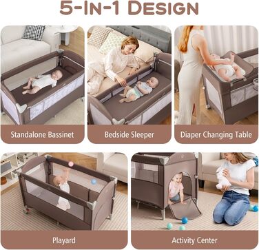 Складане дитяче ліжечко LIFEZEAL з пеленальний столик, дорожнє ліжечко з ігровою аркою та музичними дзвіночками, мобільне дитяче дорожнє ліжечко з сумкою для зберігання, для немовлят 0-36 місяців (коричневе)