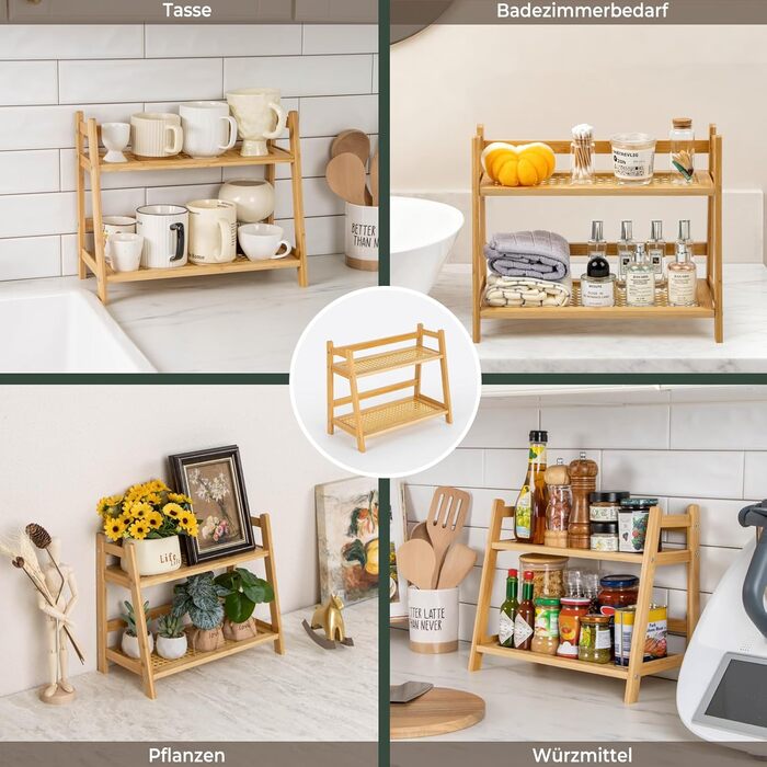 Органайзер для кавової станції з плетеним виглядом, 2-рівнева бамбукова полиця для матчі та кавових аксесуарів, підставка для чашок для кухні, дому та офісу, органайзер для спецій, натуральний колір