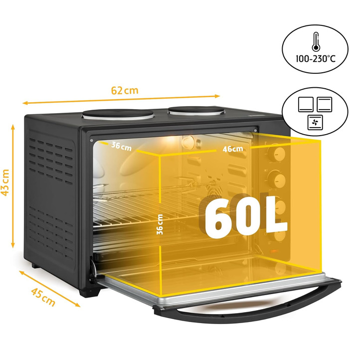 Міні-піч TZS First Austria з конфорками Ємність 60 л 3400 Вт, конвекція, макс. 230C Підходить для кемпінгу, гуртожитків та невеликих кухонь