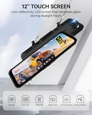 Для дзеркала заднього виду відеореєстратор для переднього та дзеркала заднього виду для автомобіля з екраном 12 дюймів, камерою WDR, нічним баченням, GPS та безкоштовною картою на 64 ГБ (G900), 4K 2.5K