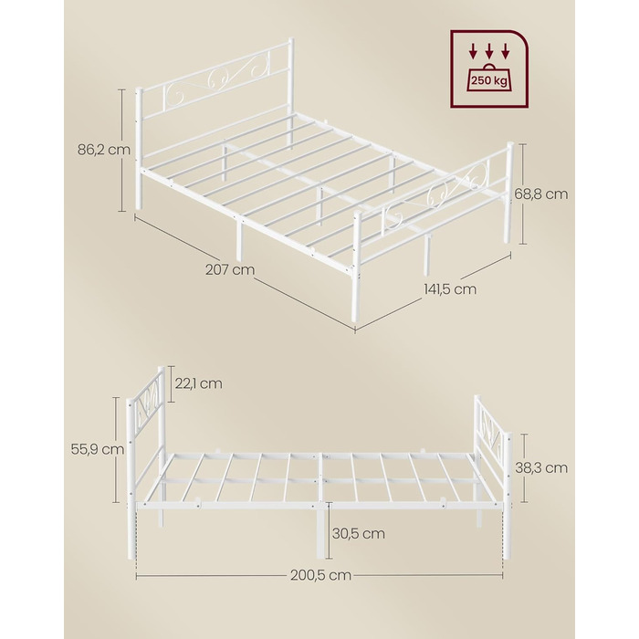 Ліжко VASAGLE 140 x 200 см, Гостьове ліжко, Двоспальне ліжко з металу, Каркас ліжка, Каркас ліжка, Металеве ліжко, Легке складання, Матовий білий RMB064WG01 140 x 200 см Матовий білий