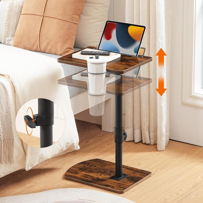 Журнальний столик HOOBRO C-подібної форми, регульована висота від 45,5 до 78 см, обертовий на 360 диванний столик з тримачем для напоїв та слотом, засовується під диван або ліжко, вінтажний коричневий та чорний EBF34SF01 Вінтажний коричневий чорний