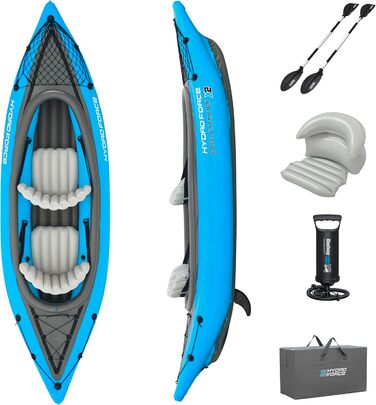 Каяк Bestway Hydro-Force Cove Champion X2 Надувний човен з ручним насосом, веслом, сидіннями, ластами та сумкою для зберігання Двомісний 331 x 88 x 45 см, синьо-сірий