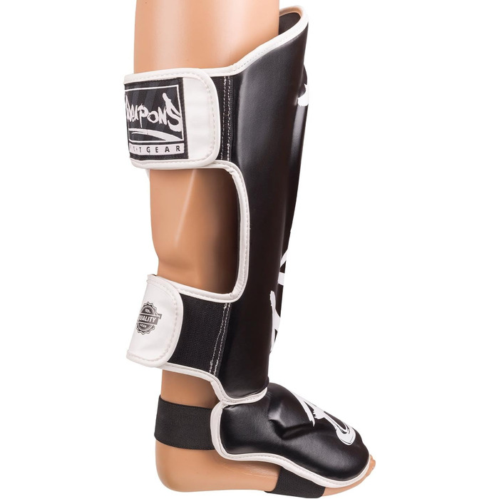 ВИРОБІВ ЗБРОЇ Щитки для гомілок Unlimited 2.0, чорно-білі, для тренувань та змагань, високоякісна синтетична шкіра та ідеальна амортизація, муай-тай, K1, MMA, карате та кікбоксинг, 8
