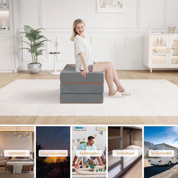 Розкладний матрац Vesgantti для гостей 100x200 см, висота 15 см, 3-секційний розкладний матрац з гелевої піни для подорожей, кемпінгу, підлоги, гостьового ліжка, чохол, що прається, складний матрац, сертифікований Oeko-Tex 15 см - сірий 100x200 см