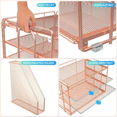 Настільний органайзер з тримачами для файлів, 4-рівневий офісний органайзер з лотком для паперу, сітчастий лоток для документів з тримачем для журналів, настільне сховище для канцелярського приладдя (рожеве золото)