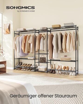 Вішалка для одягу SONGMICS, Відкрита шафа, Вішалка для пальто з 10 полицями, 3 вішалки для одягу, 4 S-подібних гачки, Металевий каркас, для спальні, вітальні, вхідної зони, Чорний LGR011BZ01 206.4W см