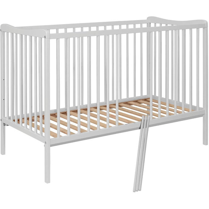 Дитяче ліжко 120x60 см Біле, протестовано на відповідність EN 716, дитяче ліжко з бука, регульована по висоті рейкова основа, 3 знімні перекладини
