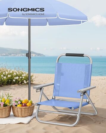 Пляжне крісло SONGMICS, портативне розкладне крісло, регульована спинка в 4 положеннях, з підлокітниками, дихаюче та зручне, вуличне крісло 1, синього кольору