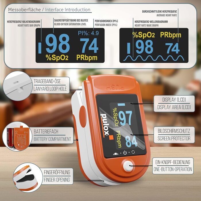 Пульсоксиметр PULOX PO-200 Solo in Finger Pulse Oximeter для вимірювання пульсу та насичення киснем на пальці (помаранчевий)