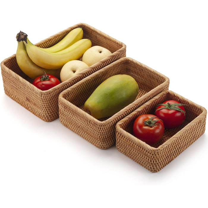 Кошик для зберігання з ротанга, коробка для зберігання з натурального тканого матеріалу, декоративний плетений кошик для кухні, ванної кімнати (прямокутний, 3 шт.)