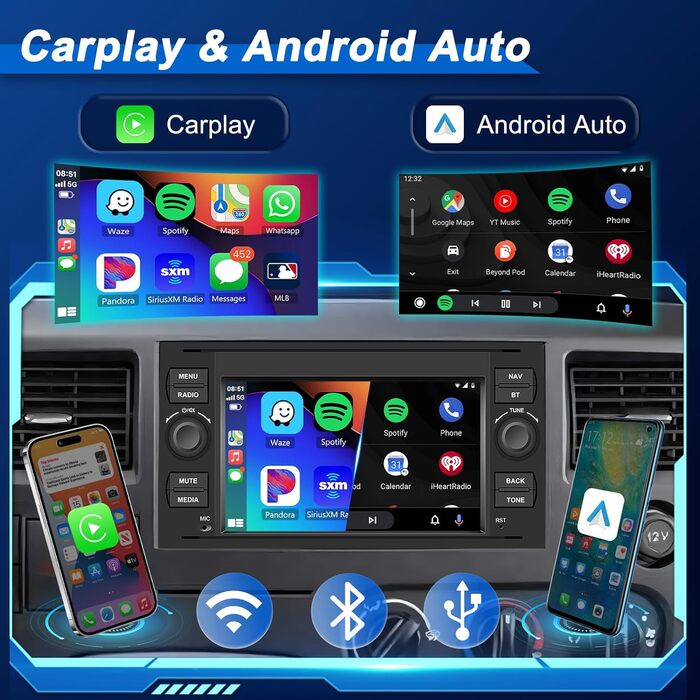 Автомобільна стереосистема Hodozzy 2G64G Android для Ford Transit/Fiesta/Focus/Galaxy/Mondeo/Fusion/Kuga/C-Max/S-Max/Connect, Carplay Android Car, 7-дюймова радіостанція з сенсорним екраном Bluetooth 2 Din Navi WiFi HiFi