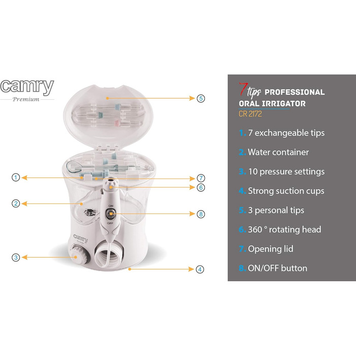 Іригатор для порожнини рота CAMRY CR 2172, очищувач зубів з 7 насадками, іригатор для порожнини рота з резервуаром для води 600 мл, водяна нитка, професійне чищення зубів, ідеально підходить для сім'ї, подорожі, білий, один розмір