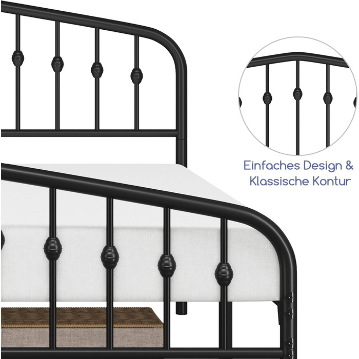 Каркас ліжка Yaheetech 160 x 200 см, вінтажне металеве ліжко з узголів&39ям у формі корони, міцний каркас двоспального ліжка з металу, надійне та легке складання, гостьове ліжко, дитяче ліжко, кушетка, чорний колір 160 x 200 см