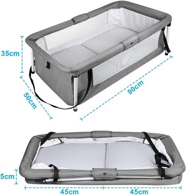 Дитяче ліжечко Homewell Baby Travel Cot, складне дитяче ліжечко з матрацом, портативний намет-ліжечко, оснащений москітною сіткою та іграшками, 90 x 50 см (у зібраному вигляді) / 45 x 50 см (складене) (сірий)