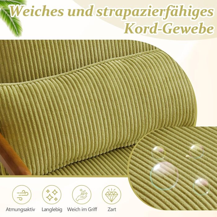 Крісло Bonnlo, м&39яке коктейльне крісло, сучасне крісло для відпочинку, крісло з відкидною спинкою для вітальні, м&39яке крісло з масиву дерева, крісло для читання, вантажопідйомність до 200 кг, вельветова тканина (зелений колір)