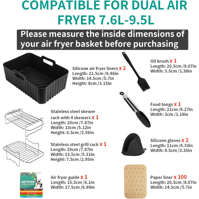 Аксесуари для фритюрниці, силіконові вкладиші для фритюрниці Ninja AF400EU AF300EU AF451EU AF500EU Tower T17088 7.6L-9.5L, 10 шт. Аксесуари для подвійної аерофритюрниці включають буклет посібника з кулінарії, чорний