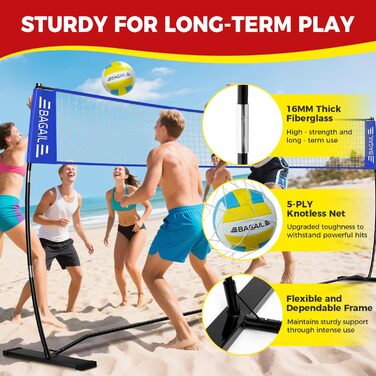 Портативна волейбольна сітка BAGAIL (3,6 м), Регульована висота, Міцна окремостояча рама, Для приміщень та вулиці, Синя