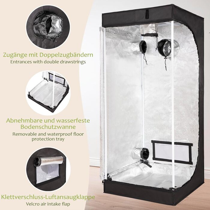 Гроубокс для вирощування рослин 90 x 90 x 180 см світлонепроникний з 5 входами з водонепроникним піддоном легкий у збиранні для вирощування в приміщенні