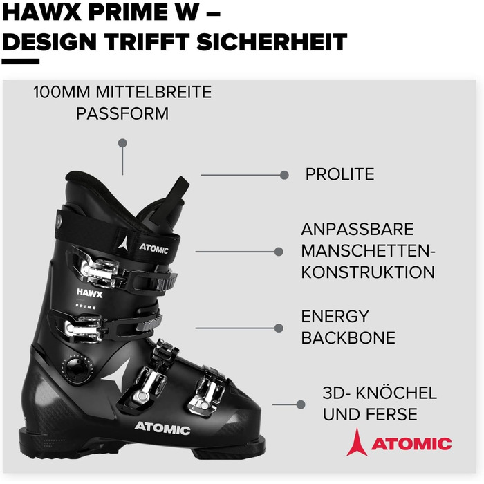Жіночі гірськолижні черевики ATOMIC HAWX Prime W Чорні, з 3D-фіксацією п'яти та гомілки для точної посадки, середньої ширини, для початківців, Чорний/Білий, 22/22.5