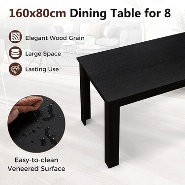 Обідній стіл GIANTEX для 6-8 осіб, 160 x 80 x 77 см, великий прямокутний дерев&39яний стіл, портативний кухонний стіл (до 150 кг), сучасний обідній стіл, письмовий стіл для їдальні, кухні, офісу (чорний)