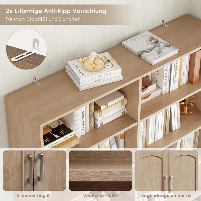 Книжкова шафа FirFurd 185,5 см з дверцятами, 12 полиць, вітрина, полиця, висока шафа для вітальні, офісу, кухні, 115 x 27 x 185,5 см, дуб