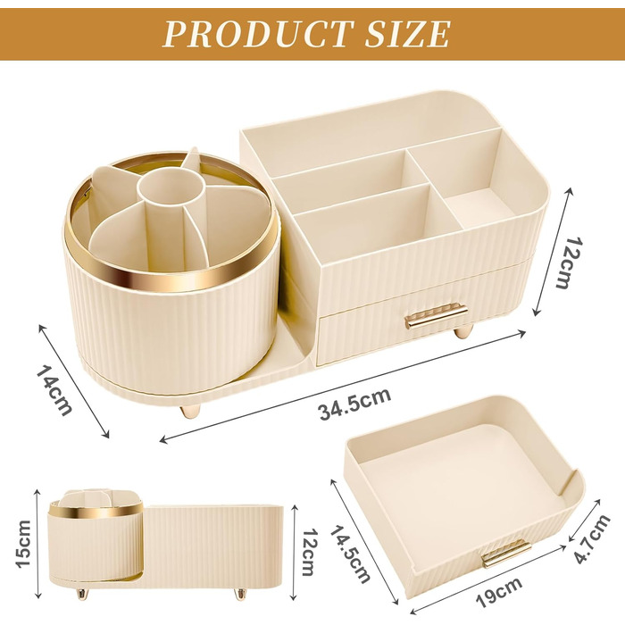 Органайзер для косметики Cinnani Make-Up, багатофункціональний косметичний органайзер, що обертається на 360, для туалетного столика, ванної кімнати та спальні, з багатофункціональною невеликою шухлядою (бежевий)