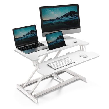 Підставка для столу VonHaus, регульована по висоті для сидіння/стояння, підставка для столу з лотком для клавіатури, тримачем для двох моніторів та відділенням для планшета (білий колір)