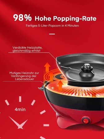 Машина для попкорну FOHERE, 5.5-літрова машина для дому, машина для попкорну з цукром, олією, маслом, антипригарним покриттям і знімною нагрівальною поверхнею, тиша та швидкість, велика кришка як миска для подачі червона