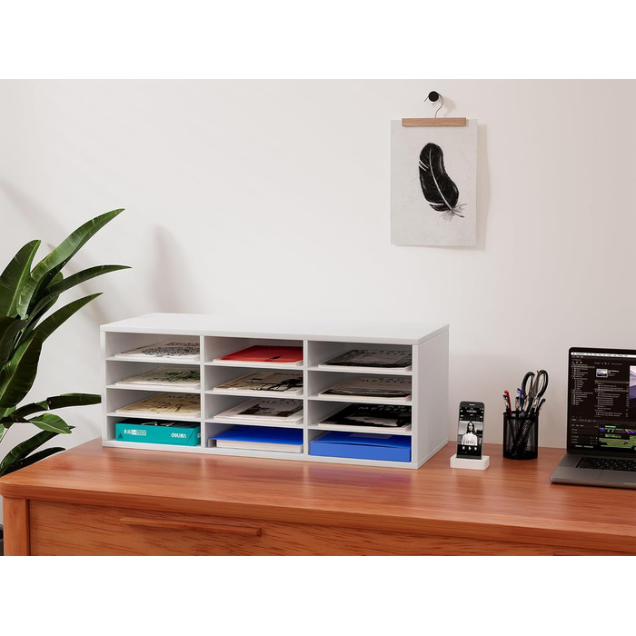 Дерев&39яний органайзер для офісного столу EasyPAG з 12 відділеннями, формат А4, тримач для документів, лоток для файлів, тримач для журналів, лоток для листів, органайзер для паперу та журналів, білий 80 x 30,7 x 29,8 см