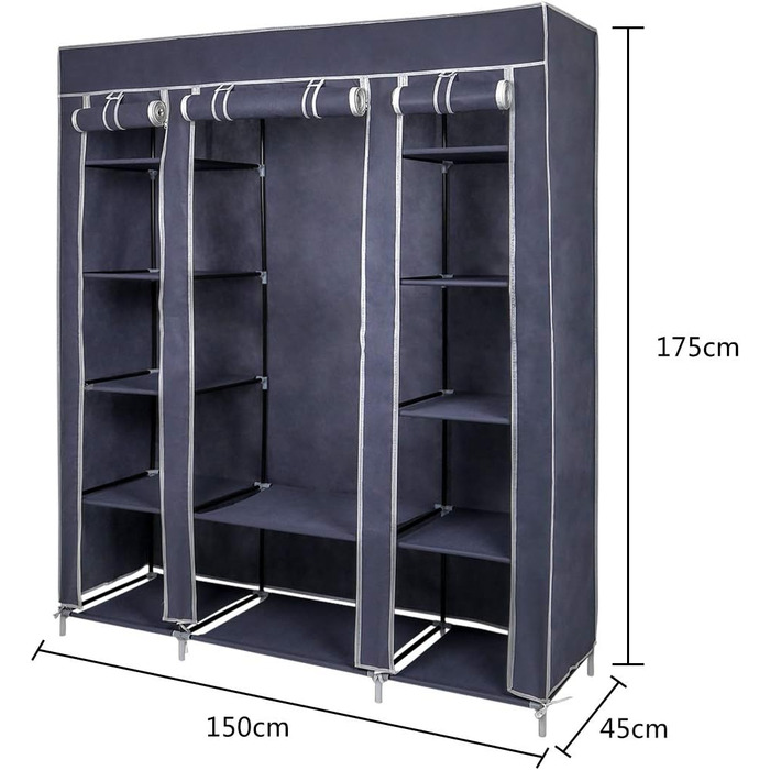 Тканинна шафа Mondeer для спальні, складна, з шістьма блискавками та трьома дверима, швидкий доступ, 175 x 150 x 45 см, великий простір для зберігання, сірий