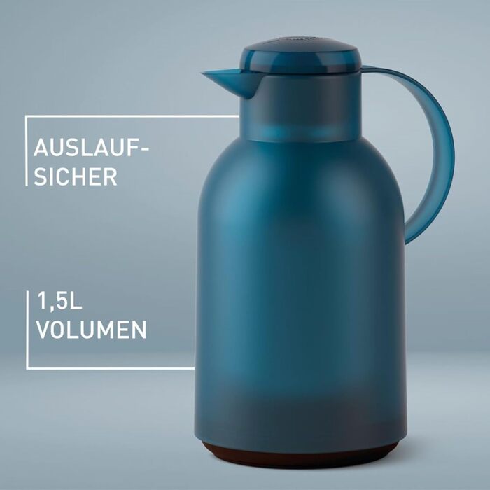 Ізольований глечик Emsa Samba, місткість 1,5 літра, застібка Quick Press, 100 герметичний, зберігає напої гарячими протягом 12 годин і холодними протягом 24 годин, зі скляною підкладкою, зроблено в Німеччині, напівпрозорий/океанський блакитний, N4012000 1