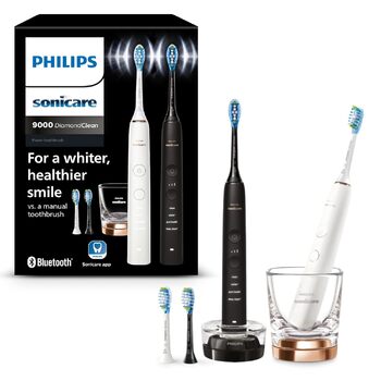 Електрична зубна щітка Philips Sonicare DiamondClean 9000, подвійна упаковка, зубна щітка із звуковою технологією, включаючи додаток, датчик тиску, 4 режими чищення, 3 рівні інтенсивності, чорне та рожеве золото, модель HX9914/61