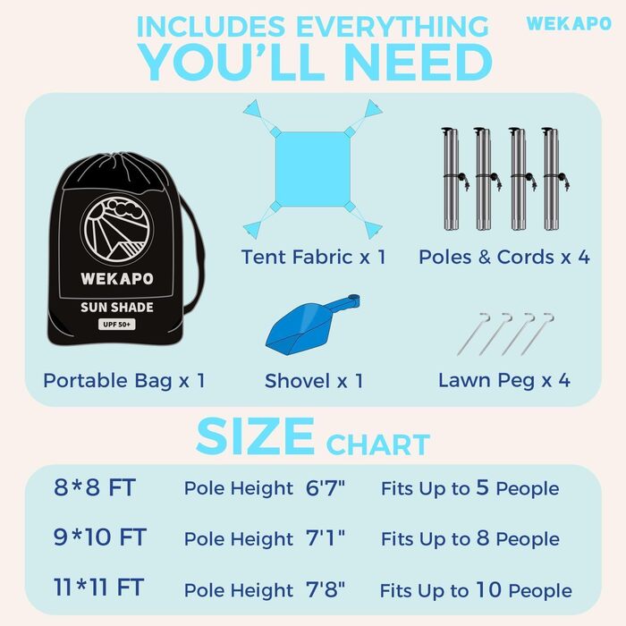 Пляжний намет WEKAPO, сонцезахисний навіс, легко встановлюється, пляжний навіс з 4 міцними жердинами, великими мішками з піском та лопатою, висотою 1,8 м, вітрозахисний сонцезахисний навіс для саду та кемпінгу, UPF 50 синій, 8x8 футів, 4 стійки