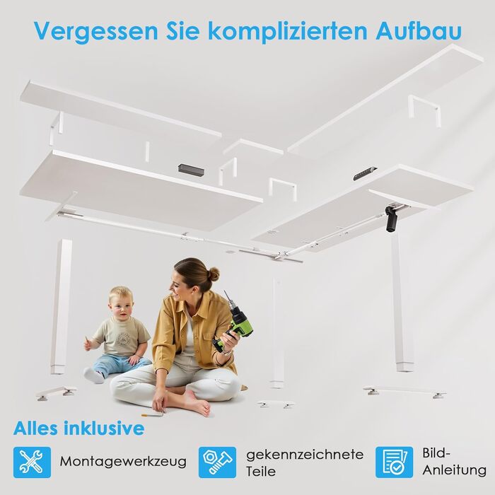 Кутовий письмовий стіл OffiGo, регульована висота, 150x120 см, стіл з регульованою висотою та розеткою, електричний L-подібний стіл з підставкою для монітора, білий 150 x 120 см