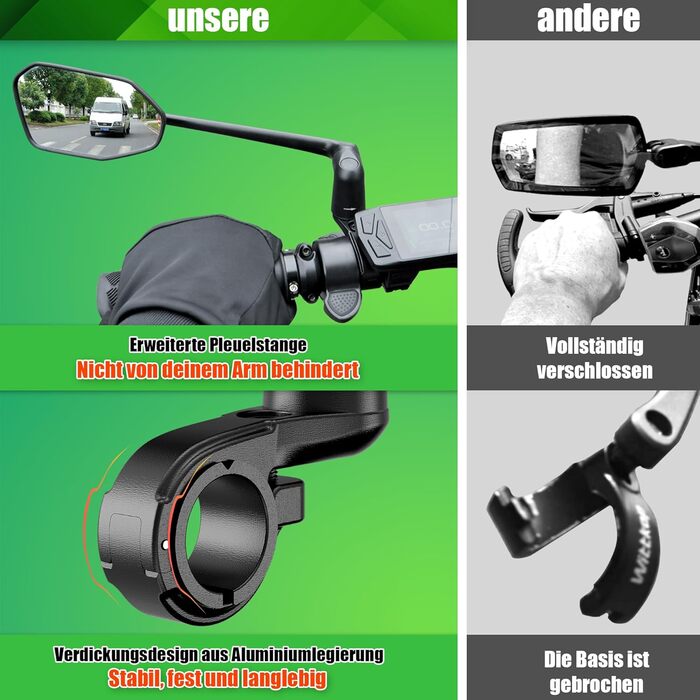 Дзеркало заднього виду для велосипеда RBRL зі справжнім склом ProVision, тримач дзеркала з алюмінієвого сплаву, ударостійке та міцне, поворотне на 360 та складне, для електровелосипедів, електросамокатів (ліве)