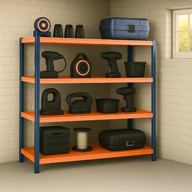 Потужний стелаж KARAT XXL, синьо-помаранчевий 200 x 180 x 60 см, стелажі для гаража, підвалу та майстерні - безболтові стелажі, широкопрохідні стелажі, підвальні стелажі, стелажі для майстерні (TitanRack Big)